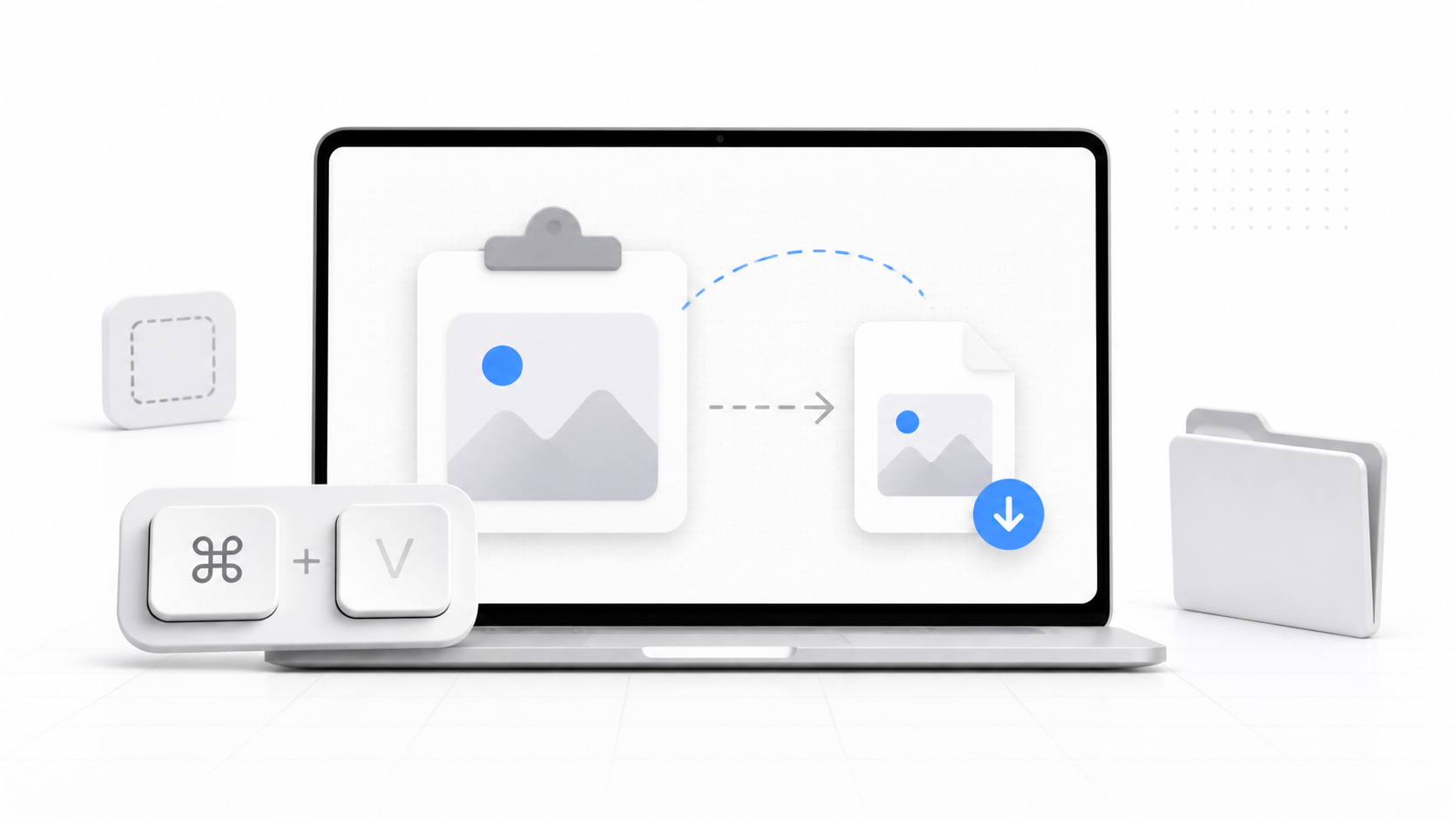 Minimal laptop illustration showing a copied image being saved as a file on Mac