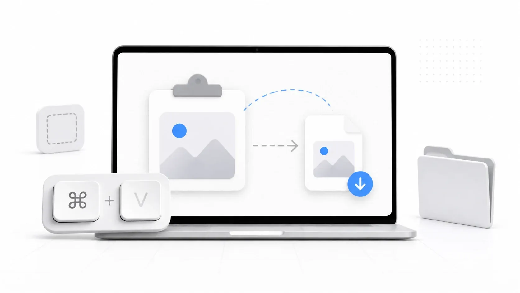 Minimal laptop illustration showing a copied image being saved as a file on Mac