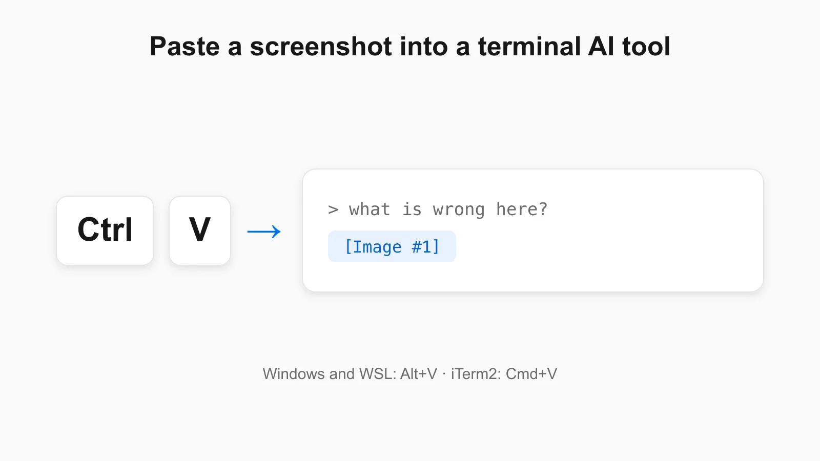 Illustration of the Ctrl+V shortcut adding an [Image #1] marker to a terminal AI prompt