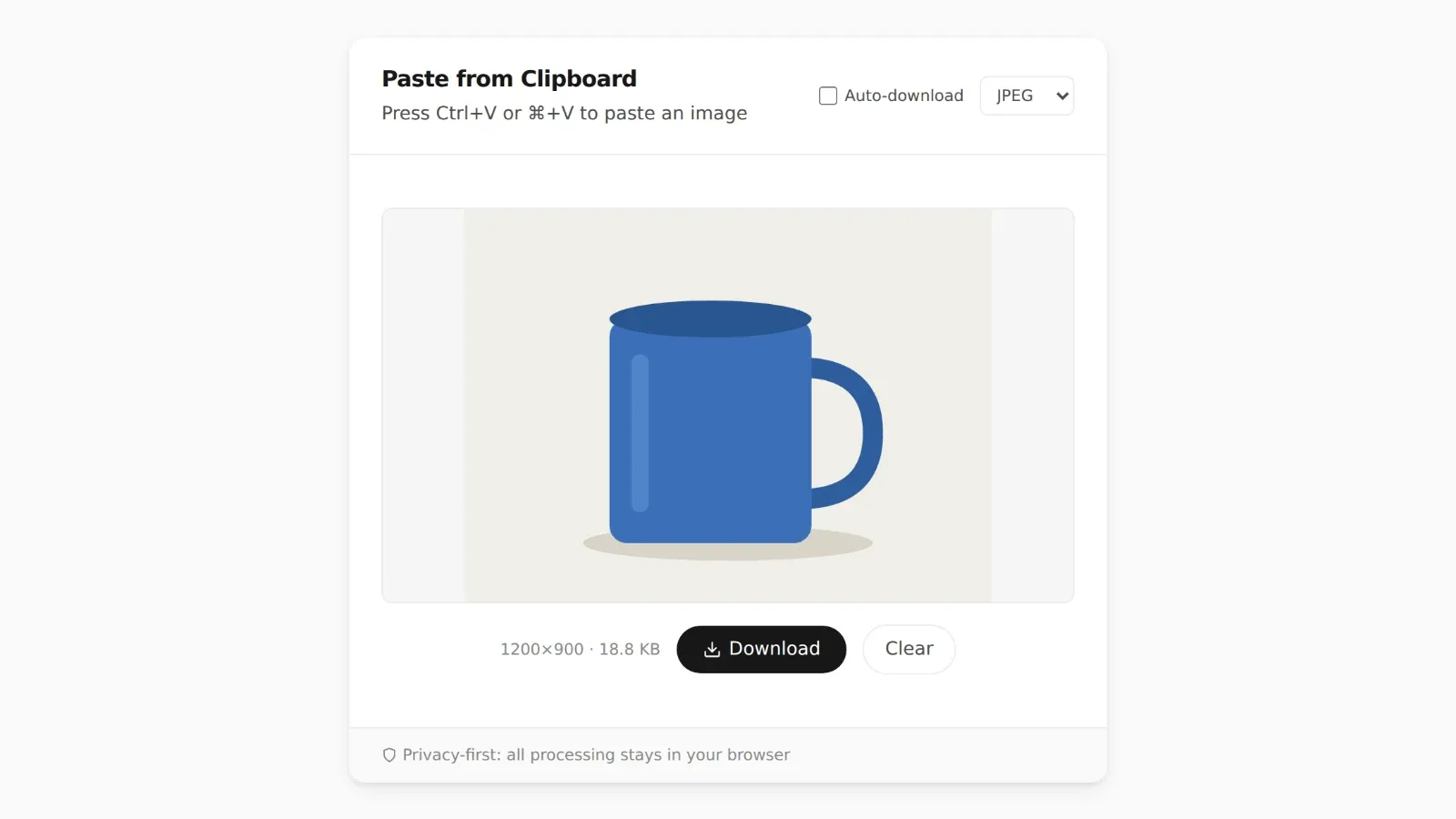 Screenshot of PasteDownloadApp with a pasted illustration of a blue mug, set to JPEG and ready to download as a file for a spreadsheet cell