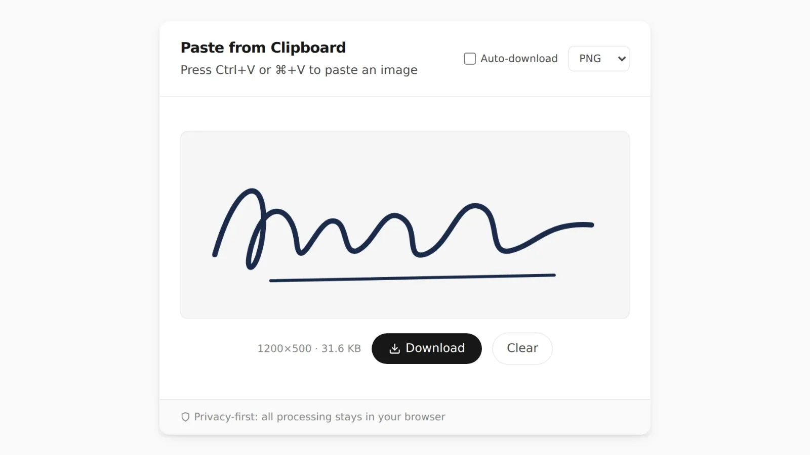 Screenshot of PasteDownloadApp with a pasted 1200 by 500 signature image, ready to download as a PNG file for placing into a PDF