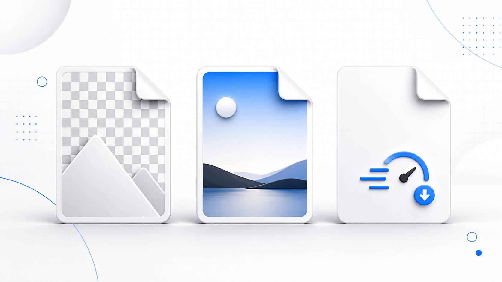 Three abstract image file cards representing PNG transparency, JPG photos, and WebP compression