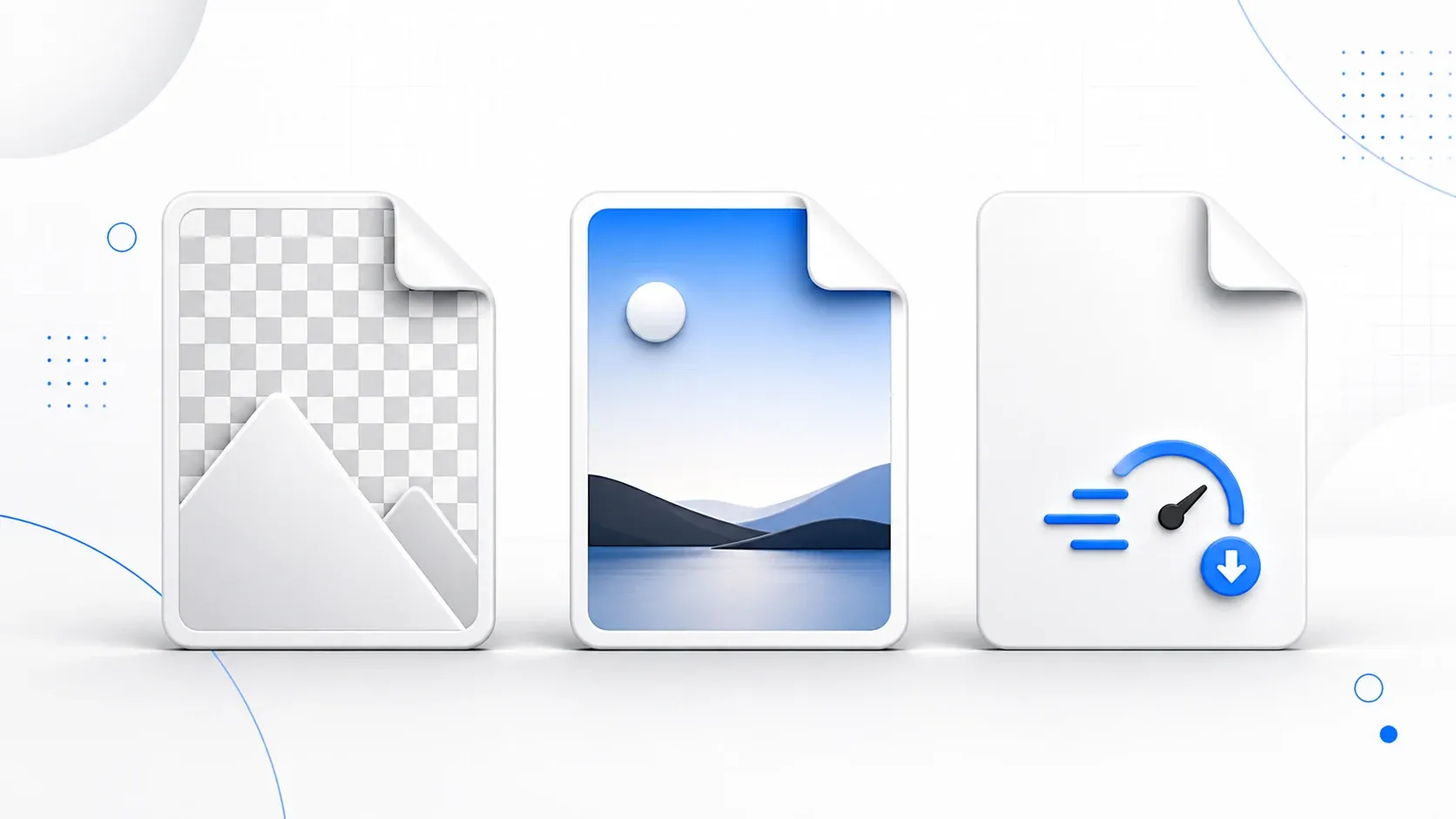 Three abstract image file cards representing PNG transparency, JPG photos, and WebP compression