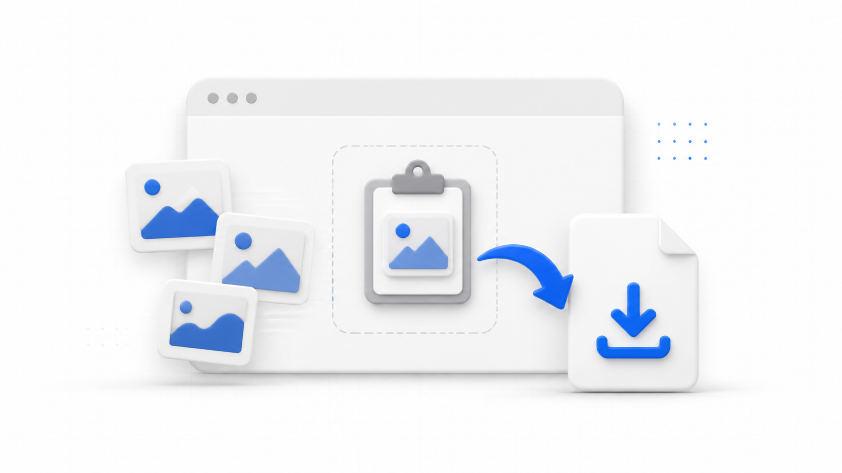 Browser and clipboard illustration showing copied images flowing into a downloadable file