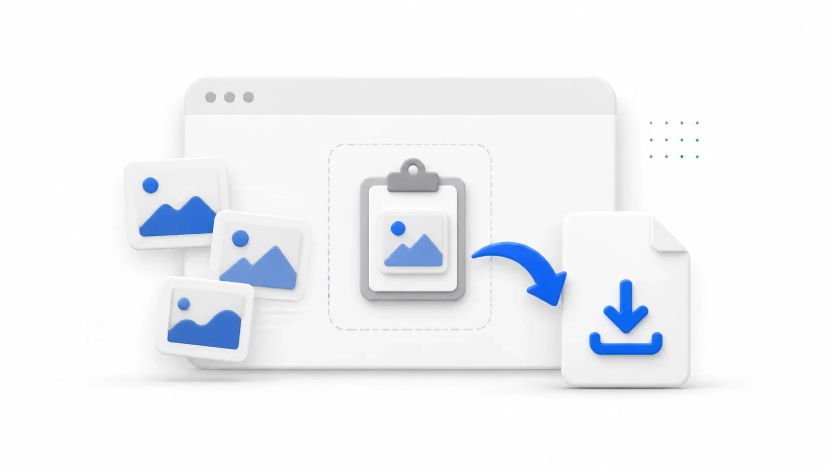 Browser and clipboard illustration showing copied images flowing into a downloadable file