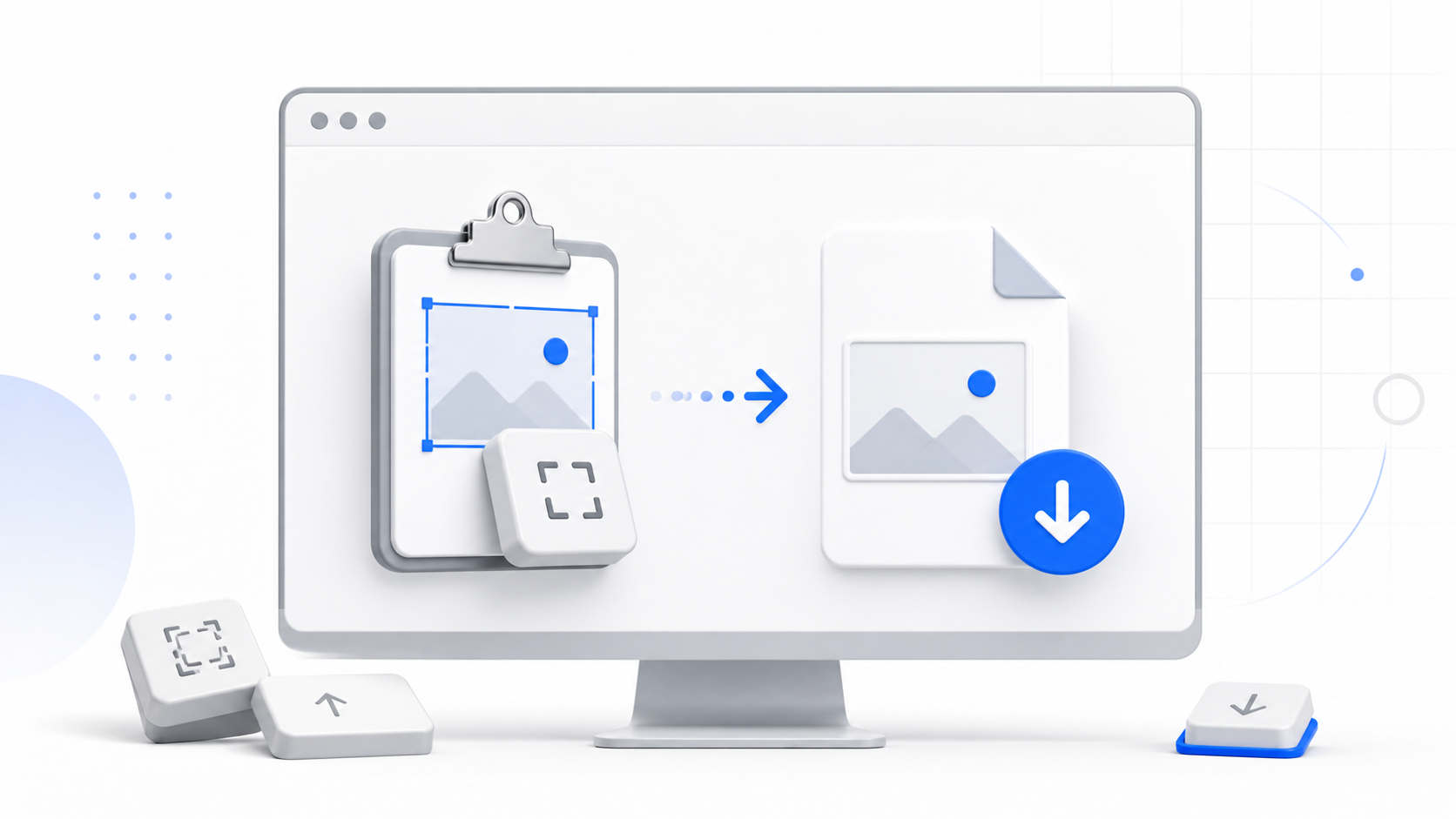 Minimal desktop illustration showing a Windows screenshot moving from clipboard to a downloaded file