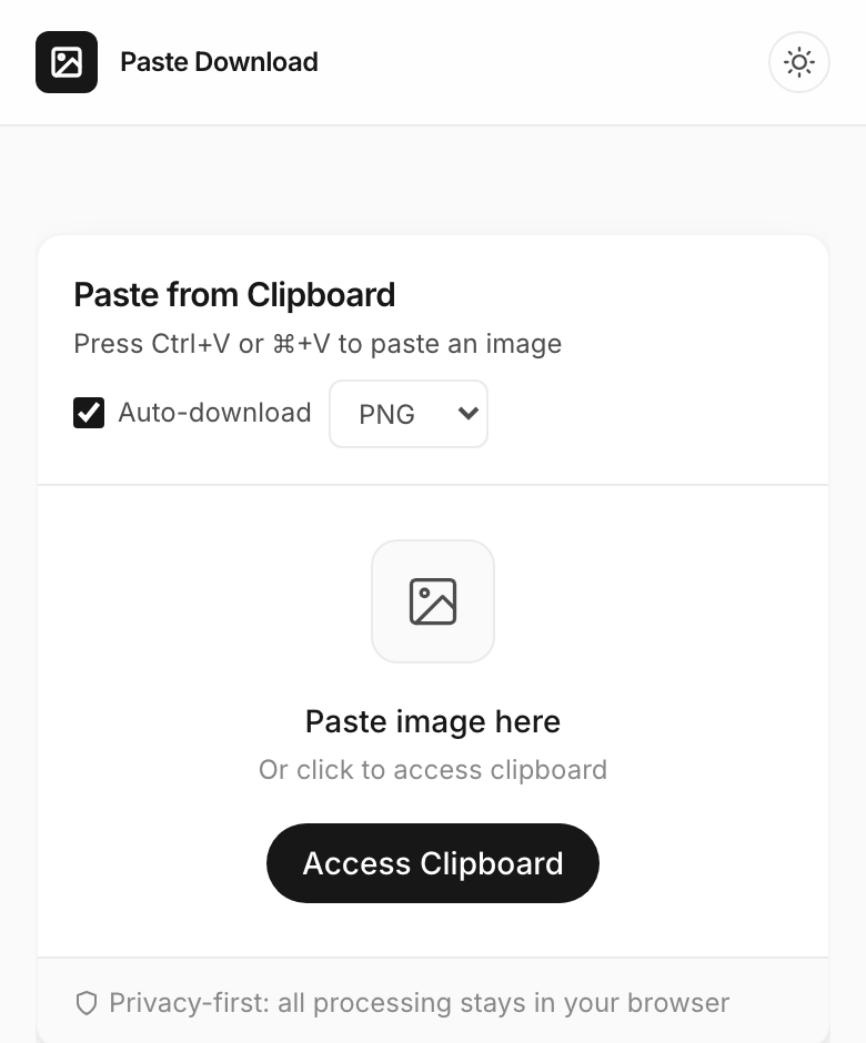 Screenshot of PasteDownloadApp running in a 390 pixel wide mobile browser viewport with the Access Clipboard button visible