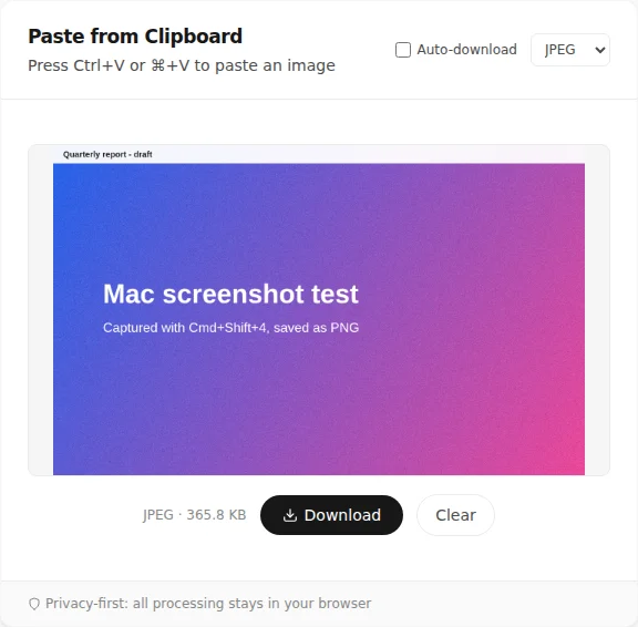 Screenshot of PasteDownloadApp after switching a pasted 1280 by 800 test image from PNG at 2.0 MB to JPEG at 365.8 KB
