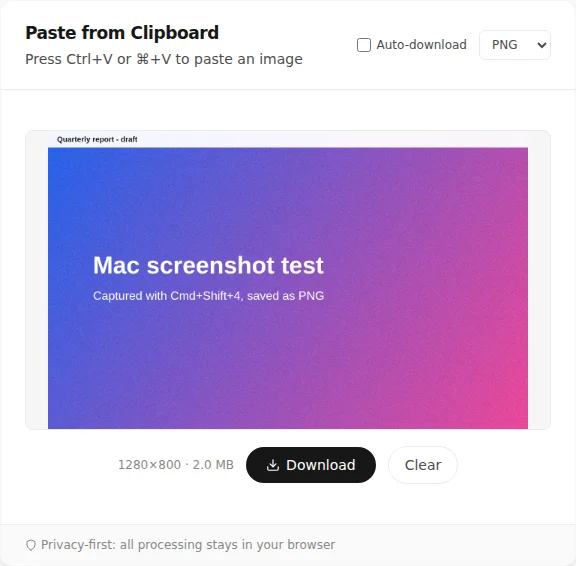Screenshot of PasteDownloadApp with a pasted 1280 by 800 test screenshot, showing the PNG output at 2.0 MB