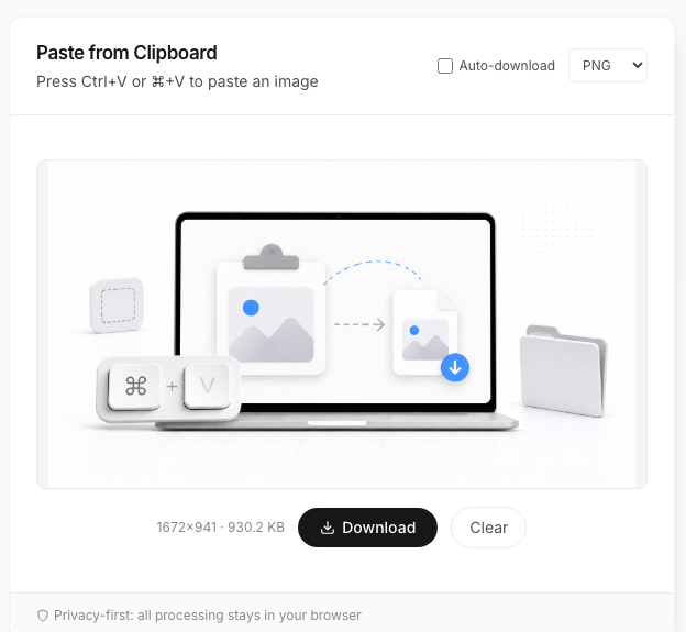 Screenshot of PasteDownloadApp after pasting a clipboard image on Mac, showing the file dimensions 1672 by 941 and a size of 930.2 KB