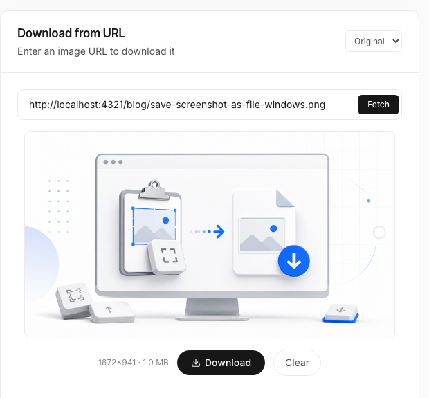 Screenshot of the Download from URL tool after fetching this article's own cover image, showing dimensions 1672 by 941 and a size of 1.0 MB