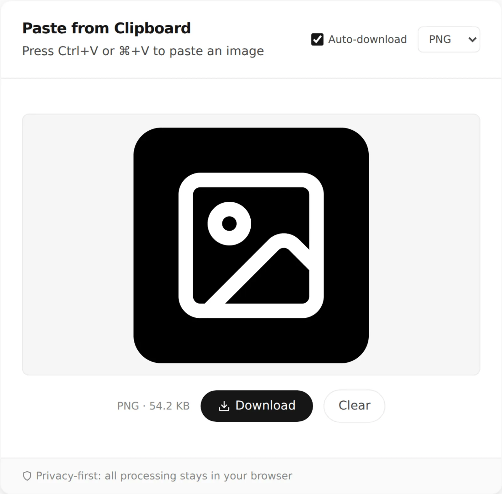 Screenshot of PasteDownloadApp after converting this site's own favicon.svg to a 54.2 KB PNG